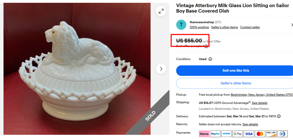 Atterbury Milk Glass Lion Covered Dish