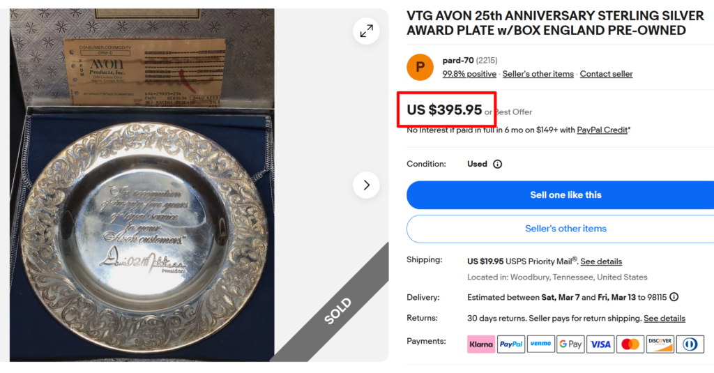 Avon 25th Anniversary Sterling Silver Award Plate