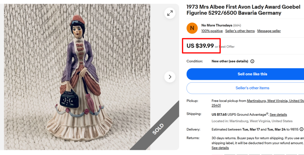 Avon &ldquo;First Avon Lady&rdquo; Award Goebel Figurine