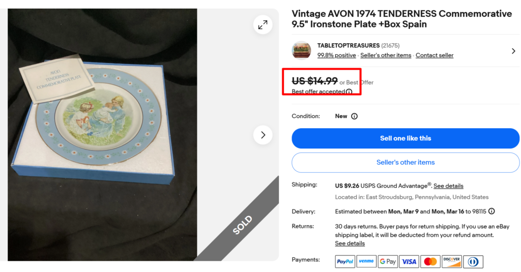 Avon Tenderness Commemorative Ironstone Plate