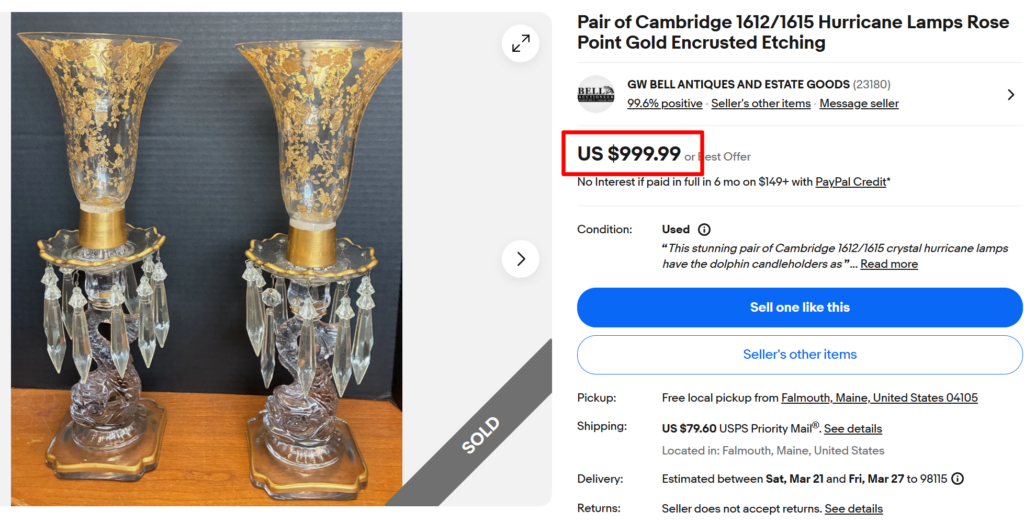 Cambridge Rose Point Gold Encrusted Hurricane Lamps