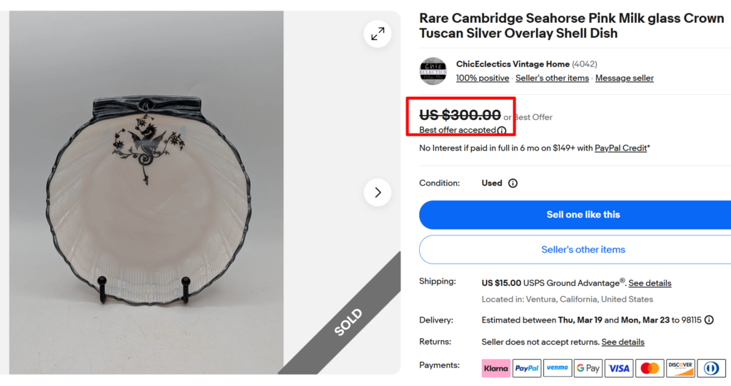 Cambridge Seahorse Crown Tuscan Silver Overlay Shell Dish