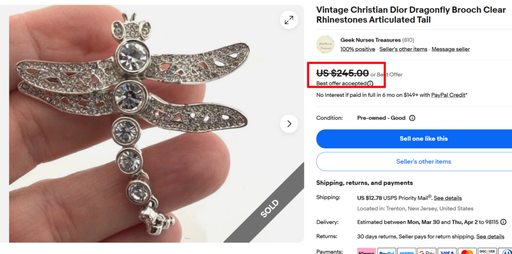 Christian Dior Rhinestone Dragonfly Brooch