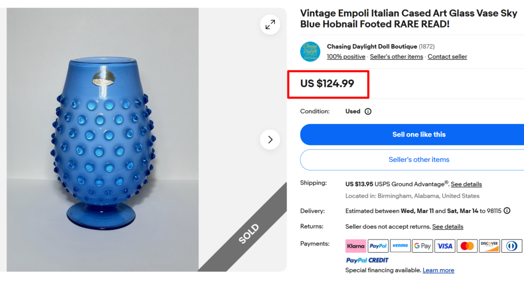 Empoli Italian Cased Art Milk Glass Hobnail Vase