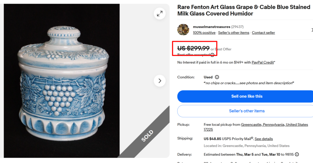 Fenton Grape & Cable Blue Stained Milk Glass Humidor