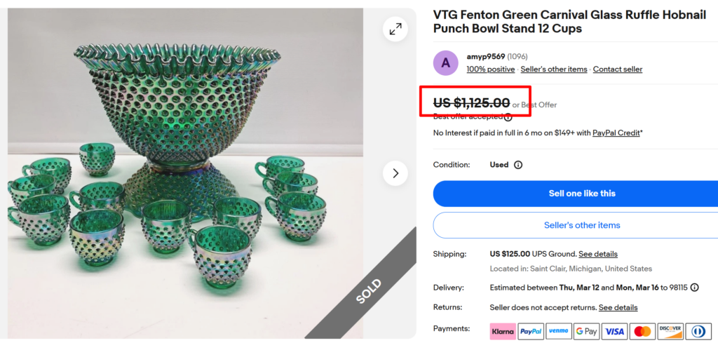 Fenton Green Carnival Glass Hobnail Punch Bowl Set