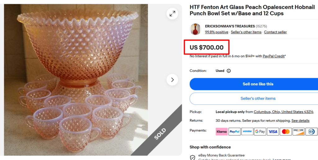 Fenton Peach Opalescent Hobnail Punch Bowl Set