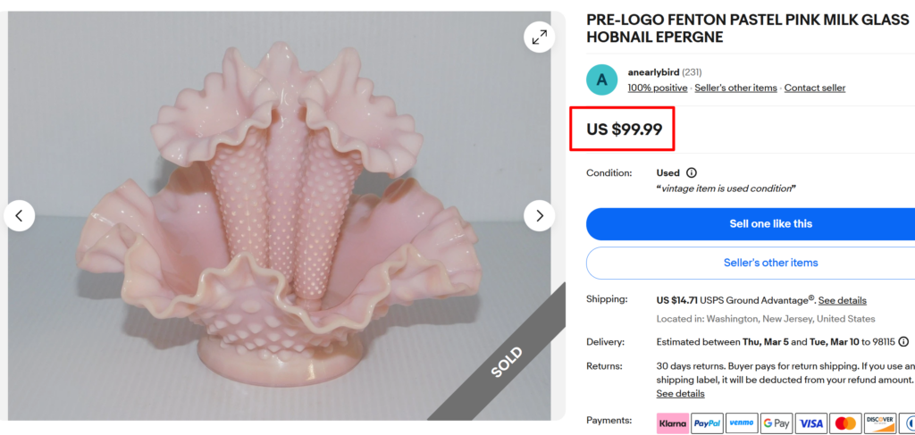 Fenton Pink Hobnail Glass Epergne