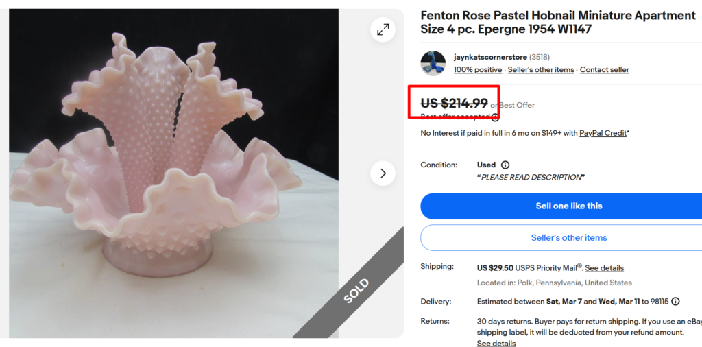 Fenton Rose Hobnail Miniature Epergne