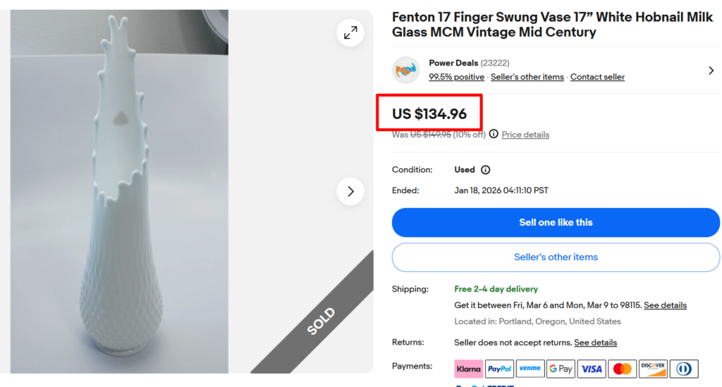 Fenton White Hobnail Swung Vase