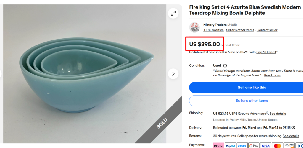 Fire King Delphite Blue Teardrop Mixing Bowls