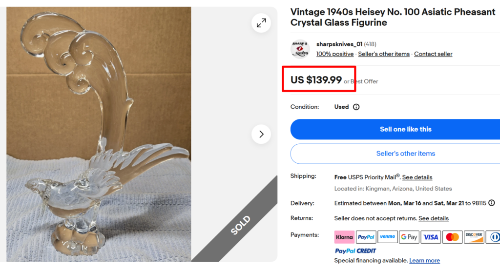 Heisey Asiatic pheasant crystal figurine