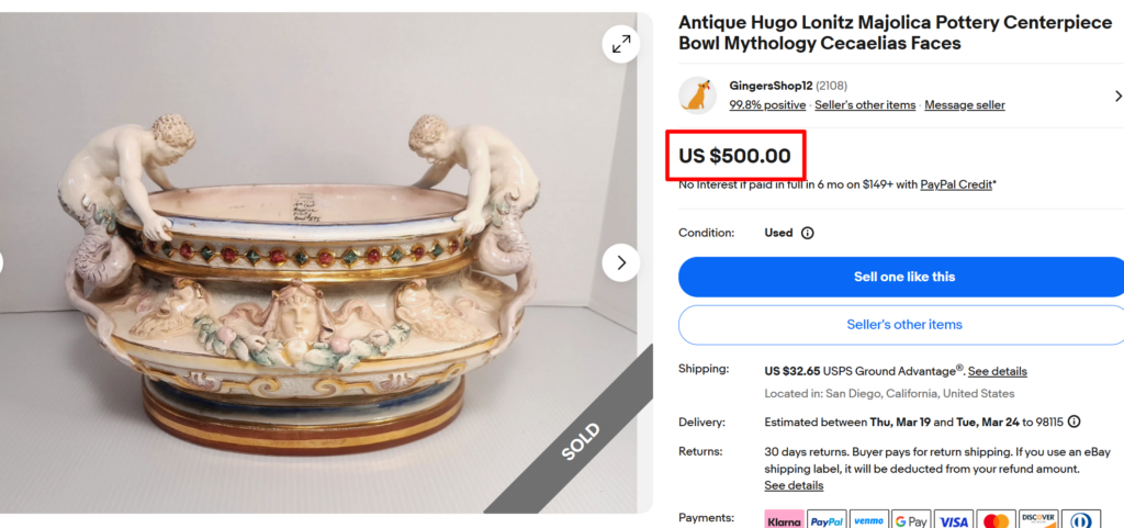 Hugo Lonitz Majolica Mythology Cecaelias Faces Bowl