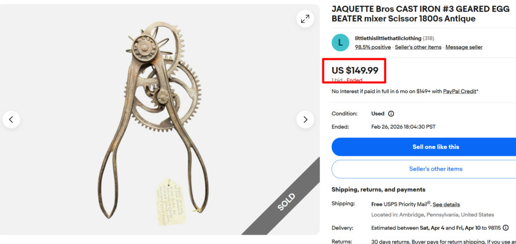 Jaquette Bros Cast Iron 3 Geared Egg Beater