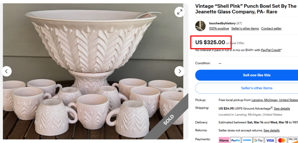 Jeanette Glass Shell Pink Punch Bowl Set