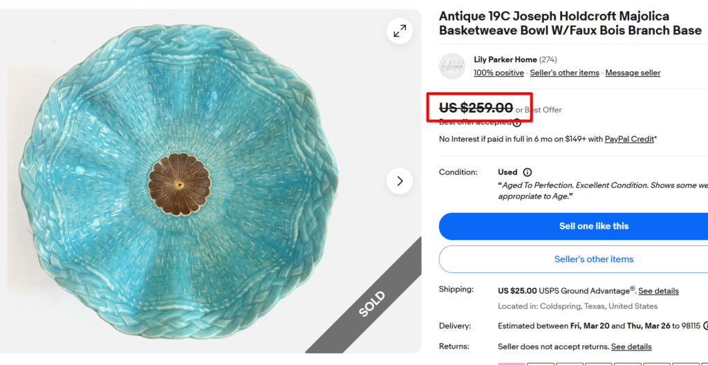 Joseph Holdcroft Majolica Basketweave Bowl