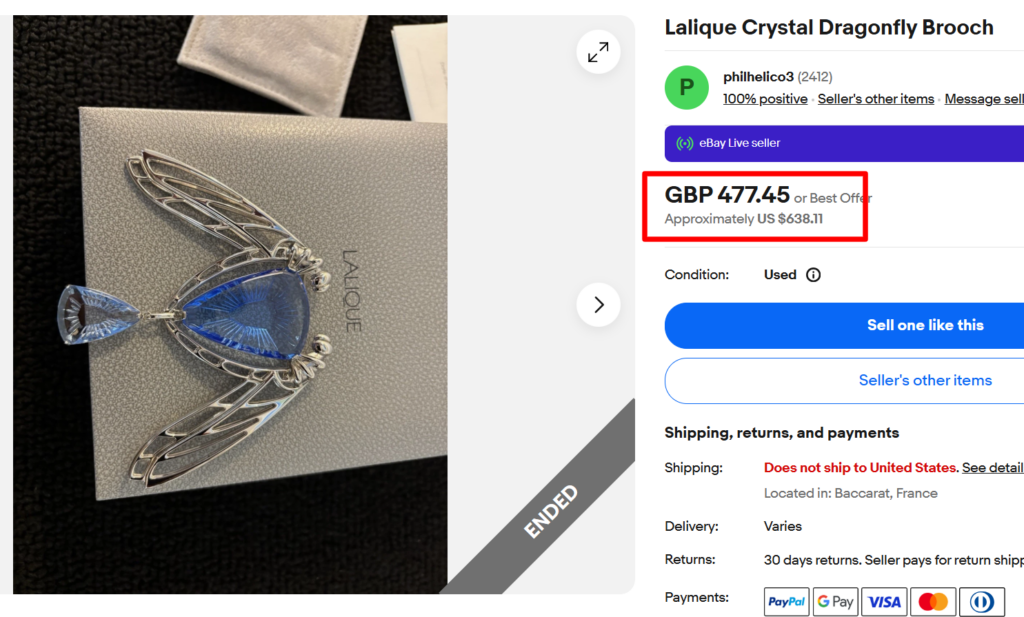 Lalique Crystal Dragonfly Brooch