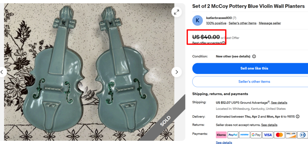 McCoy Pottery Blue Violin Wall Planters