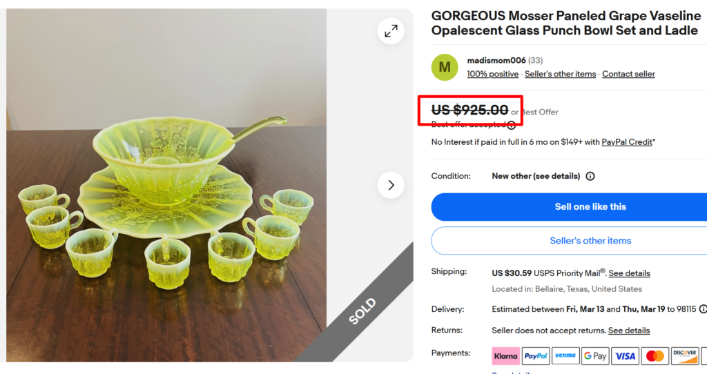 Mosser Paneled Grape Vaseline Opalescent Punch Bowl Set