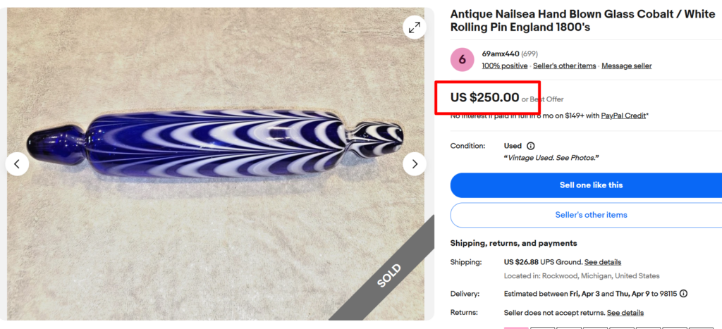 Nailsea Cobalt White Glass Rolling Pin