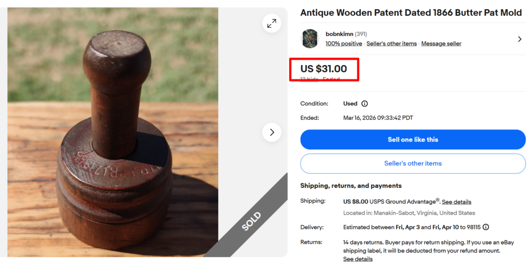 Patent Dated 1866 Wooden Butter Mold