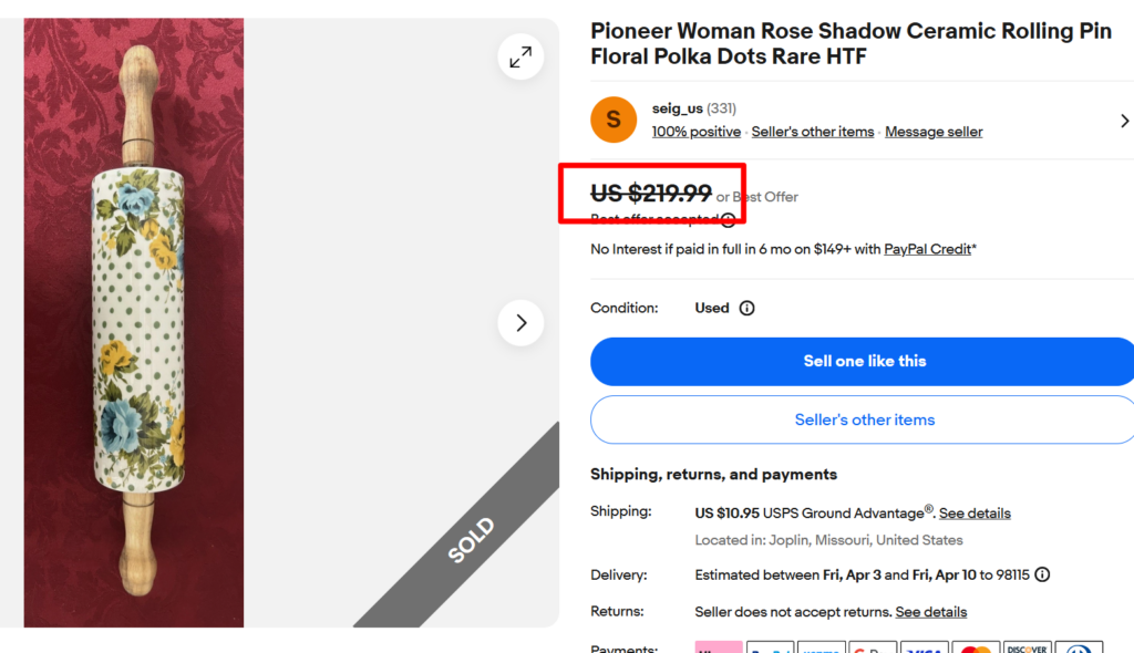 Pioneer Woman Rose Shadow Ceramic Rolling Pin