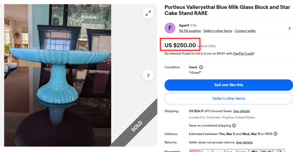 Portieux Vallerysthal Blue Milk Glass Block and Star Cake Stand