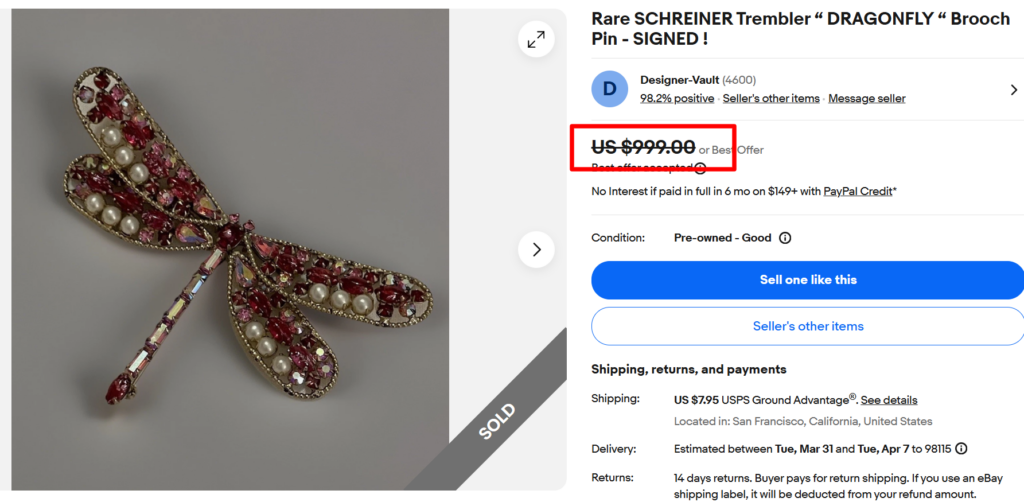 Schreiner Trembler Dragonfly Brooch