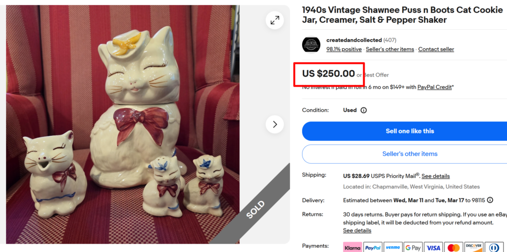 Shawnee Puss n&rsquo; Boots Cookie Jar & Shakers