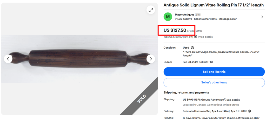 Solid Lignum Vitae Rolling Pin