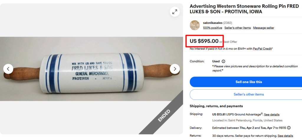Stoneware Fred Lukes & Son Advertising Rolling Pin