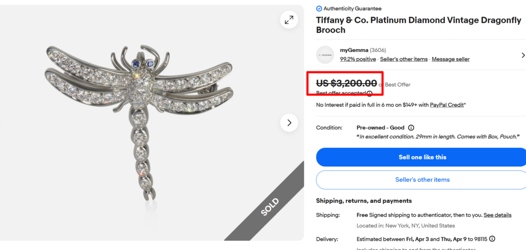 Tiffany & Co. Platinum Diamond Dragonfly Brooch