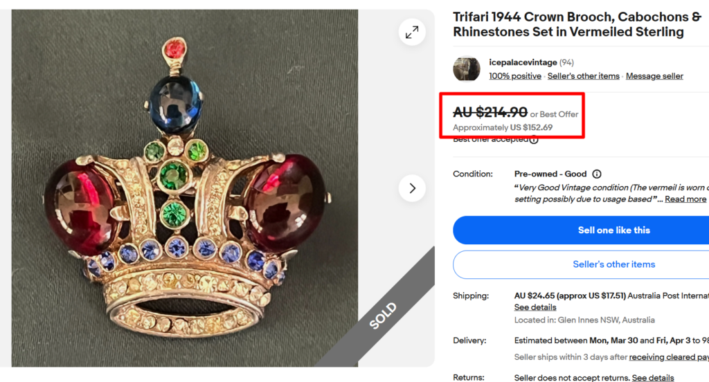 Trifari 1944 Coronation Crown Brooch