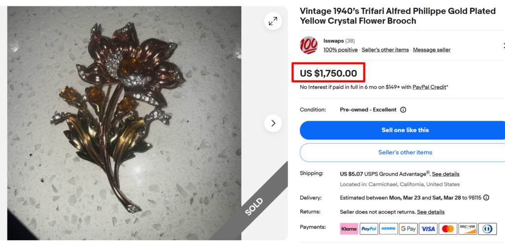 Trifari Alfred Philippe Gold Plated Crystal Floral Brooch