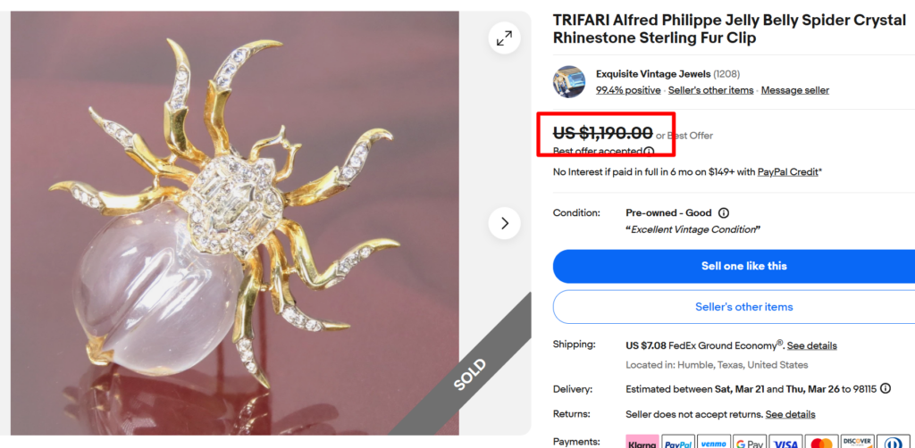 Trifari Jelly Belly Spider Rhinestone Brooch