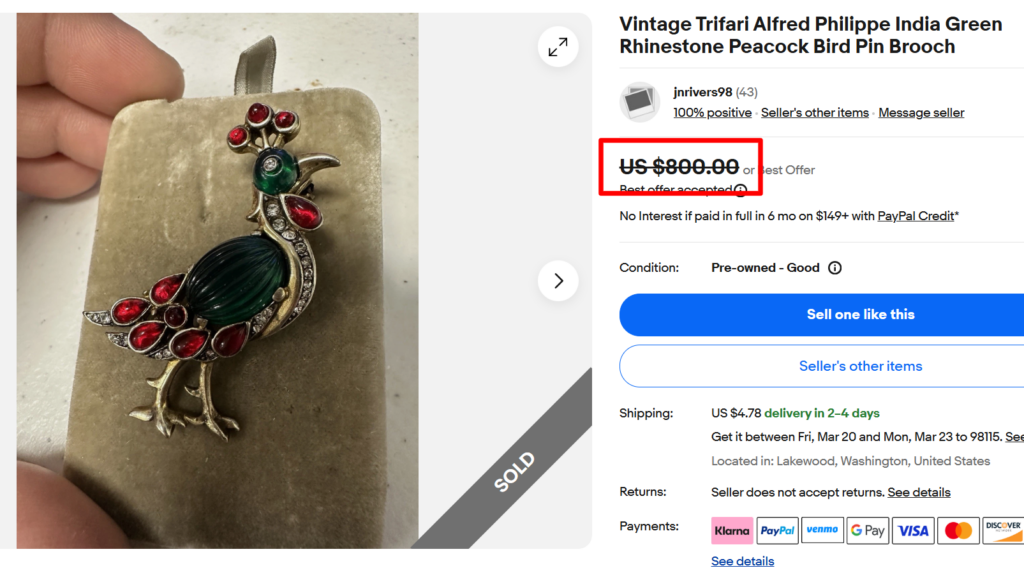 Trifari Moguls of India Peacock Brooch