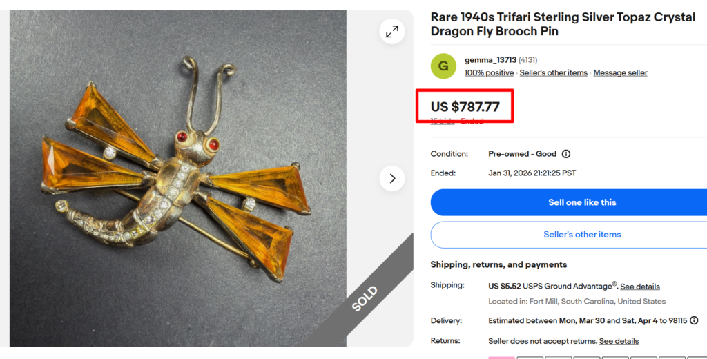 Trifari Sterling Silver Topaz Crystal Dragonfly Brooch