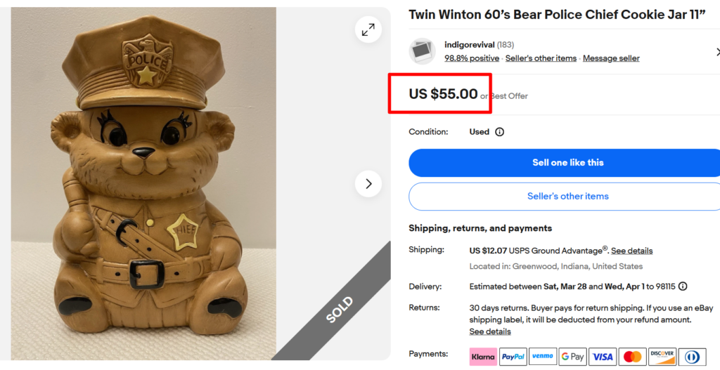 Twin Winton Police Bear Chief Cookie Jar