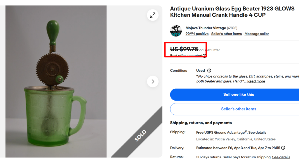 Uranium Glass Crank Handle Egg Beater