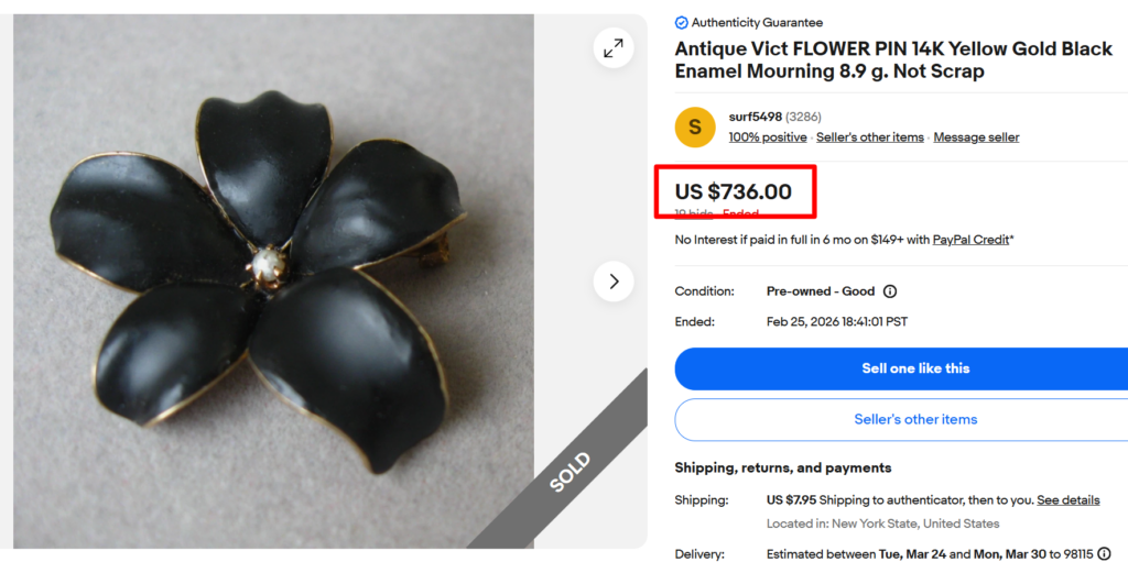 Victorian Black Enamel Gold Mourning Pin