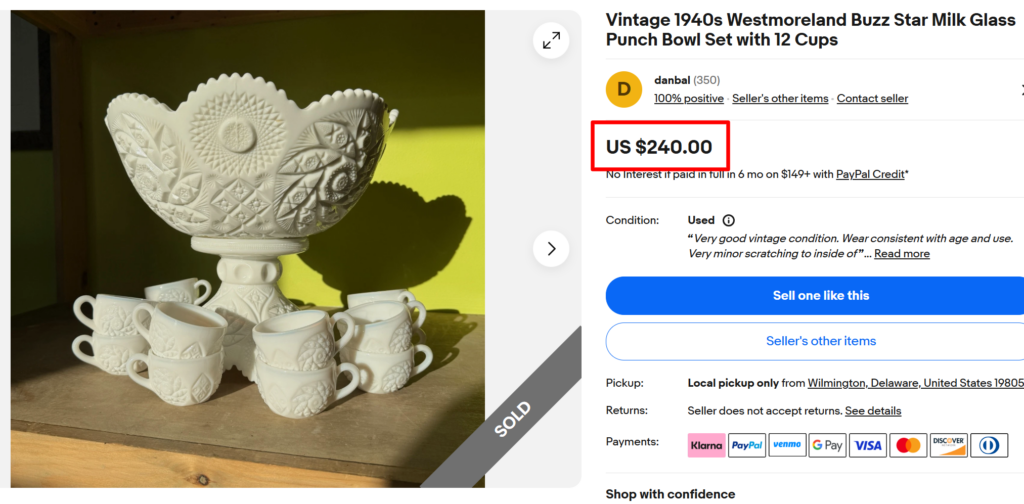 Westmoreland Buzz Star Milk Glass Punch Bowl Set