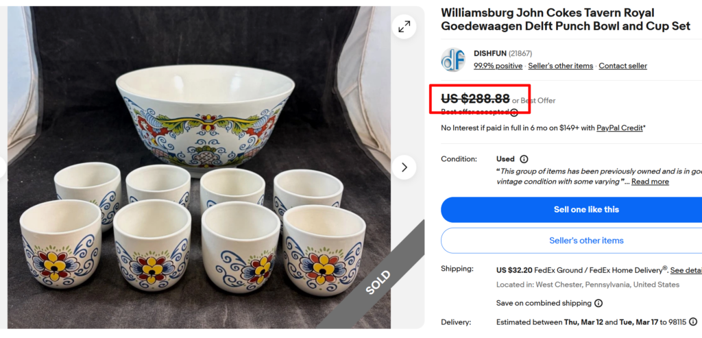 Williamsburg John Cokes Tavern Royal Goedewaagen Delft Punch Bowl Set