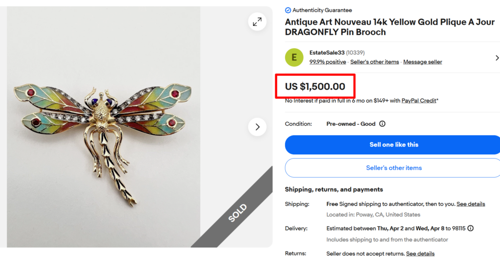 Yellow Gold Plique A Jour Dragonfly Brooch