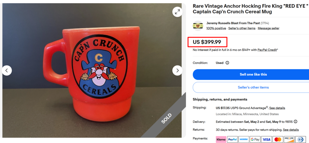 Anchor Hocking Fire King Red Eye Captain Crunch Cereal Mug
