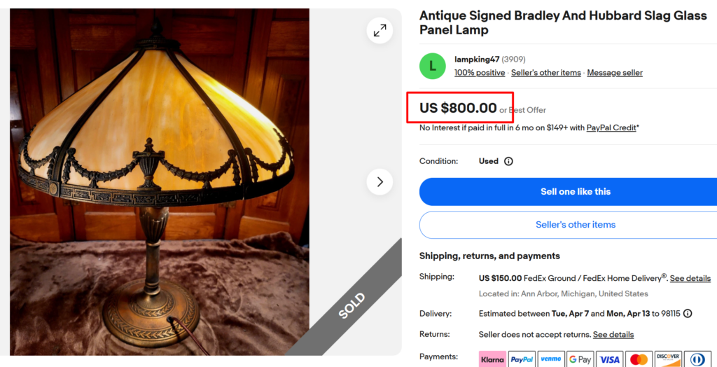 Antique Bradley and Hubbard Slag Glass Panel Lamp