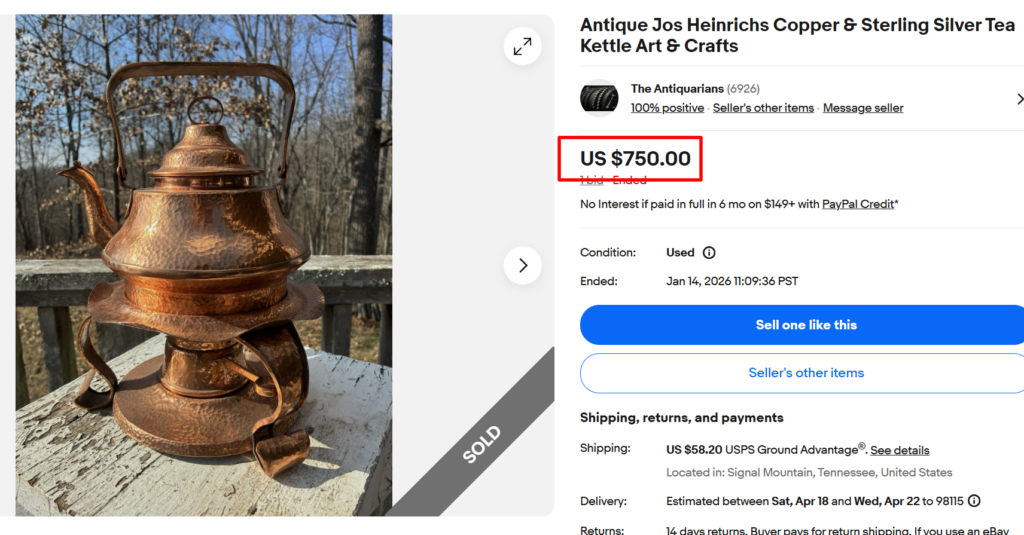 Antique Jos Heinricks Copper & Sterling Silver Tea Kettle