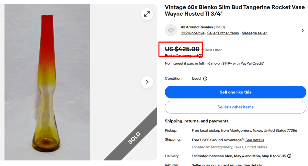 Blenko Tangerine Rocket Bud Vase