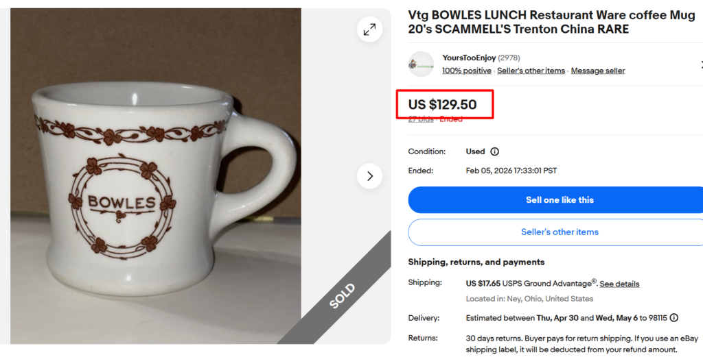 Bowles Lunch Restaurant Ware Scammell's Trenton China Coffee Mug