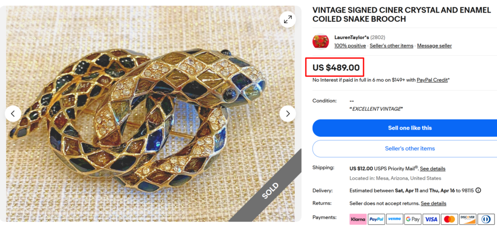 Ciner Signed Crystal and Enamel Snake Brooch