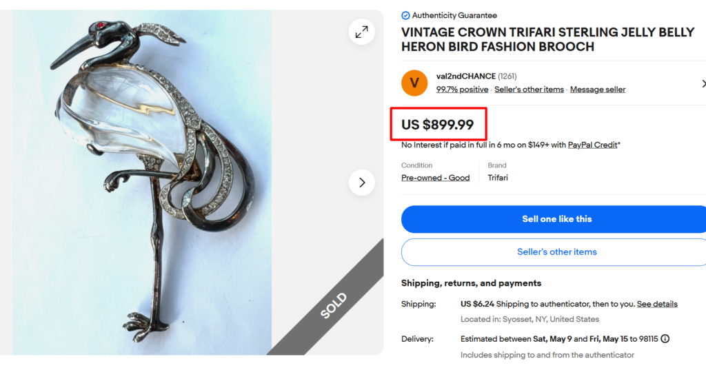 Crown Trifari Jelly Belly Heron Bird Brooch